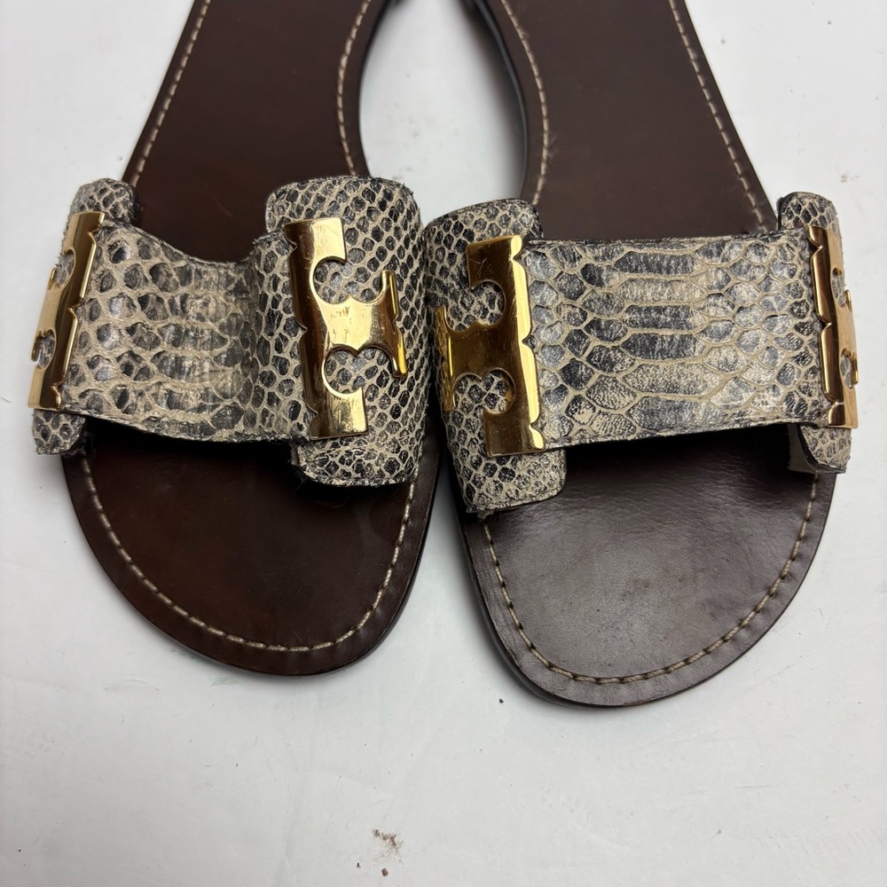 Tory Burch Gail-Pitone Rocha Snake Sandals Slides Gray Leather Size 10 - Picture 4 of 9